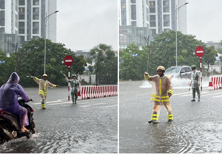 Đội CSGT-TT Công an quận Hồng Bàng chủ động điều tiết giao thông, giúp nhân dân lưu thông an toàn trong trời mưa lớn